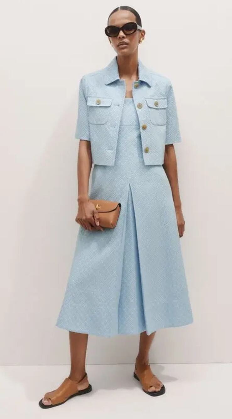 ME+EM Jacquard Fit and Flare Midi Dress and Cropped Jacket Set Chambray Blue 12